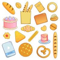 färgad vektor uppsättning med olika bageri Produkter och desserter. socker, limpa, pajer, kakor, påsar