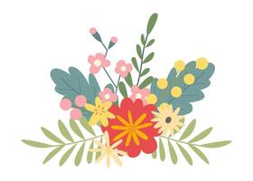 schön Frühling oder Sommer- Strauß auf ein Weiß Hintergrund. süß Hand gezeichnet eben Vektor Blumen, Blätter, Beeren. Vektor Illustration zum Karte, Banner, Poster, Hochzeit Einladung. Blumen- Frühling Poster.