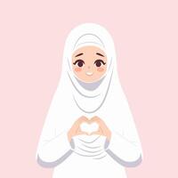 skön flicka i vit hijab. kvinnor i islamic religiös Kläder formad hjärta med både händer uttryck. platt design, affisch för värld hijab dag. vektor