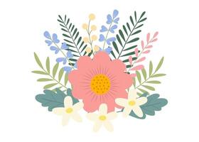 schön Frühling oder Sommer- Strauß auf ein Weiß Hintergrund. süß Hand gezeichnet eben Vektor Blumen, Blätter, Beeren. Vektor Illustration zum Karte, Banner, Poster, Hochzeit Einladung. Blumen- Frühling Poster.