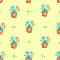 nahtlos Vektor Muster.süß Häuser auf ein Grün Hintergrund.Vorlage zum Textil, Hintergrund, Verpackung, Abdeckung, Netz, Postkarte, Kasten, drucken, Banner, Keramik