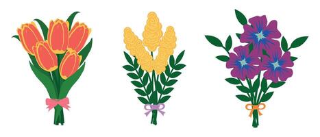 samling av blommig Semester buketter. boutonnieres tillverkad av vild och trädgård blommor. vektor illustration på en vit bakgrund. grattis, Semester ClipArt.