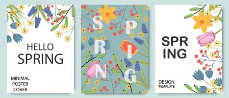 einstellen von modisch minimal Frühling Plakate mit schön handgemacht Blumen. Blumen- Frühling Sommer- Hintergrund, Abdeckung, Verkauf Banner, Postkarte, Flyer Design. vektor