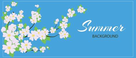 Frühling Zweig von Apfel Baum Blumen und Hallo Frühling Text auf ein Blau Hintergrund. Vektor Illustration zum Design von Banner, Poster, Netz, Werbung, Veranstaltungen, Einladungen und Hefte.