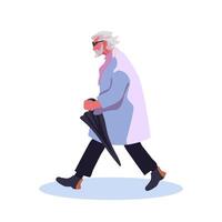 ett gammal man i en regnkappa med en svart vikta paraply. grå håriga farfar på en promenad. hand graw isolerat tecknad serie. vektor illustration