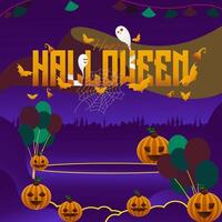 Lycklig halloween bakgrund i geometrisk stil. Lycklig halloween omslag med pumpor, Spindel banor och typografi. lämplig för affischer, hälsning kort och fest inbjudningar för halloween fester vektor