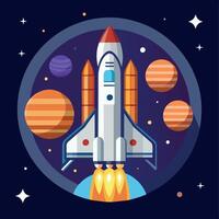 ein bunt Karikatur abbilden Raum Shuttle Erkundung auf ein Mond Ausflug Route. Illustration von ein Raum Shuttle und beschwingt Bild vektor
