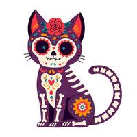 dag av de död, dia de los muertos, katt skalle och skelett dekorerad med färgrik mexikansk element och blommor. fiesta, halloween, Semester affisch, fest. vektor illustration.