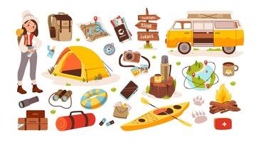 bunt vandring samling. vandring camping föremål. turist med ryggsäck och resa föremål. tecknad serie vektor illustration