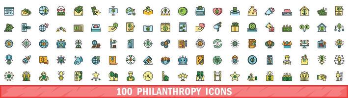 100 Philanthropie Symbole Satz, Farbe Linie Stil vektor