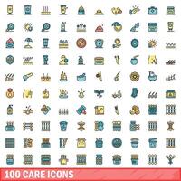 100 vård ikoner uppsättning, Färg linje stil vektor
