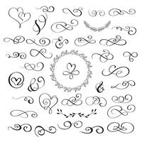 uppsättning blomningar kalligrafi vintage hjärtan och whorls. Illustration vektor handritad EPS 10