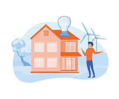stående nära privat eco hus. förnybar energi och sparande elektricitet begrepp. platt vektor modern illustration