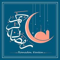 Ramadan kareem schön Kalligraphie mit Moschee Mond und Sterne Blau Hintergrund Vektor Illustration