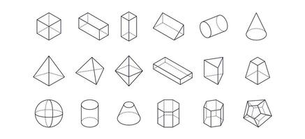 uppsättning av vektor linje ikoner av geometrisk former. kub, sfär, kon, cylinder, pyramid och Övrig 3d geometrisk siffror. översikt tecken