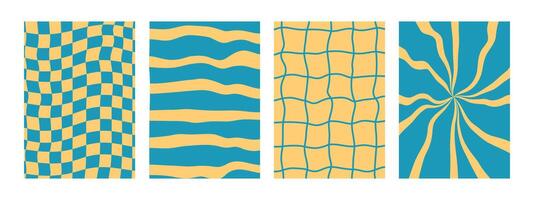 4 häftig y2k mönster. retro schackbräde, vågig vektor bakgrund med en söt och psychedelic vrida. förvrängd rutnät i blå och gul