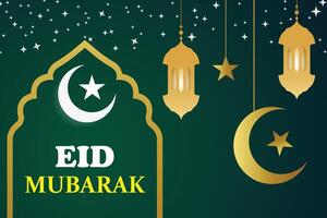 eid Mubarak Ramadan islamisch Hintergrund mit Laterne Halbmond Mond Sterne und Mandala Muster golden Farbe islamisch Grüße. Ramadan Mubarak islamisch Festival Dekor heilig Monat Feier Banner. vektor