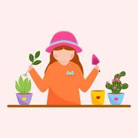 ung flicka bär en hatt tar vård av växter förbi plantering dem i krukor, trädgårdsarbete begrepp. vektor