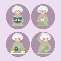 äldre lady är läsning, vattning växter, äter och håller på med grundläggande övning vektor illustration uppsättning.