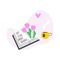 ritad för hand illustration av öppen bok med rosa tulpaner och kopp av varm te. vektor välmående livsstil begrepp.