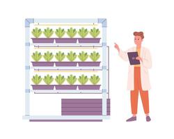 hydroponik teknologi för växter växande. vertikal jordbruk. forskare eller biolog växer växter i hydroponiska odla. smart bruka vektor