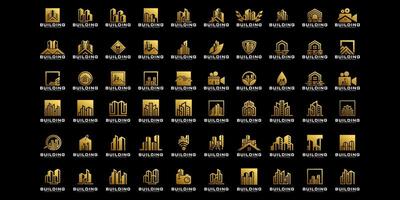 Sammlung von Gebäude Logo Entwürfe, Zuhause die Architektur, Büros, Dächer, Häuser und echt Nachlass im Gold Farbe vektor
