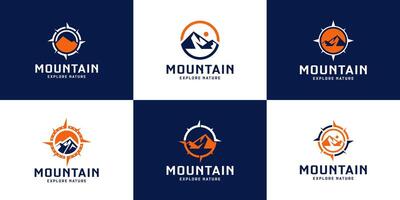 Sammlung von Abenteuer Logo Designs mit Berg, Gipfel, Kompass, Berg Silhouette und Sonnenaufgang vektor