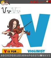 brev v från alfabet med violinist musiker karaktär vektor