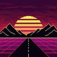 pixel synthwave lila väg med bergen och Sol bakgrund. neon solnedgång vaporwave landskap med maska digital design och mörk kullar med randig stjärna i lila natt vektor himmel