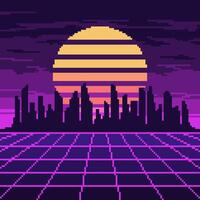 Pixel Synthwave lila Gitter mit dunkel Stadt und Sonne Hintergrund. Neon- Blau Dampfwelle Landschaft mit Gitter Digital Design mit dunkel Wolkenkratzer und gestreift Star im Vektor Himmel