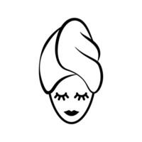 Frau Kopf im Handtuch Gliederung Symbol. Schönheit von Spa Behandlungen und Körper und Haar Pflege mit kosmetisch Masken und Wellness Vektor Entspannung