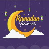 Ramadan Mond im dunkel lila Himmel Hintergrund, Ramadan Mubarak, Ramadan karem, Typografie Vorlage. vektor