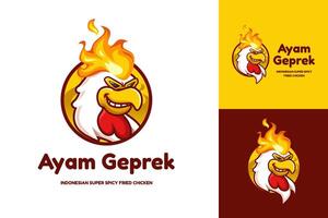 ayam geprek logotyp med kyckling maskot för indonesiska kryddad friterad kyckling restaurang vektor