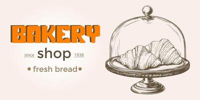 Jahrgang Bäckerei Banner mit skizziert Croissant unter Glas Deckel. Vorlage zum Bäckerei Geschäft Karte, Speisekarte, Paket, Essen Brötchen zum Frühstück, frisch Brot. linear Grafik. vektor