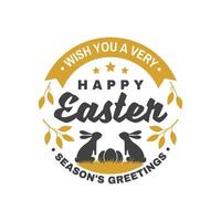 vi önskar du en mycket Lycklig påsk kort, bricka, logotyp, tecken. vektor. typografi design med påsk kanin och hand ägg. modern minimal stil. påsk ägg jaga vektor