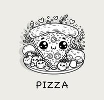 kawaii Pizza Charakter mit Beläge, Kräuter, Liebe Herzen zum Menüs, Kinder Färbung Bücher, Essen Blogs. Vektor Illustration.