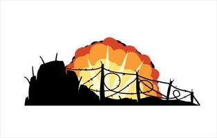 mit Widerhaken Kabel. Landschaft von modern Militär- Konflikt. Comic Boom Explosion. groß Karikatur Feuerball. Feuer Knall und explodiert. Silhouette von Militär- Barrikaden. Defensive Befestigungen. vektor