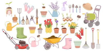 Gartenarbeit Werkzeuge isoliert auf Weiß Hintergrund. einstellen umfassen Blumen, Sämlinge und Garten Ausrüstung. vektor