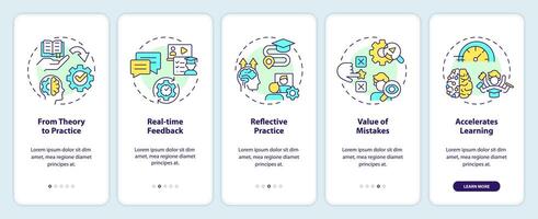inlärning fördelar onboarding mobil app skärm. praktisk upplevelser genomgång 5 steg redigerbar grafisk instruktioner med linjär begrepp. ui, ux, gui mall vektor