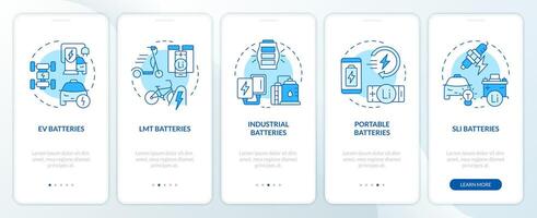 Batterie Variationen Blau Onboarding Handy, Mobiltelefon App Bildschirm. Komplettlösung 5 Schritte editierbar Grafik Anleitung mit linear Konzepte. ui, ux, gui Vorlage vektor