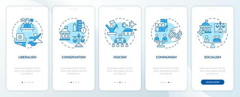 politisk ideologier blå onboarding mobil app skärm. genomgång 5 steg redigerbar grafisk instruktioner med linjär begrepp. ui, ux, gui mall vektor