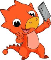 süß wenig Dinosaurier Karikatur nehmen Selfie mit Telefon vektor