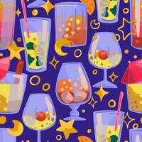 hell Cocktails, Getränke im Brille nahtlos Muster. bunt Ornament im Karikatur Stil. abstrakt Design zum Sommer- drucken, wickeln, Dekor, Stoff, Textil, Hintergrund, Tapeten. vektor