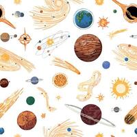 abstrakt kosmisch Raum nahtlos Muster. Ornament von Planeten, Sterne, Kometen, Asteroiden, Galaxien. Hand gezeichnet bunt Vektor Illustrationen.