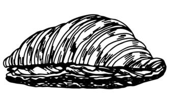 smörgås croissant skiss. hand dragen vektor illustration i retro stil. enda snabb mat klotter. översikt ClipArt isolerat på vit bakgrund.