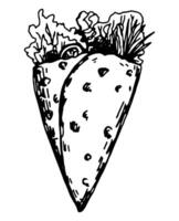 burrito skiss, pita bröd fylld med kött och grönsaker. mexikansk snabb mat enda klotter. hand dragen vektor illustration i retro stil. översikt ClipArt isolerat på vit bakgrund.