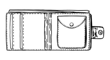 Brieftasche skizzieren. Hand gezeichnet Vektor Illustration von Geldbeutel, Tasche Halter zum Geld, Plastik Karten, Münzen. Gliederung Clip Art isoliert auf Weiß Hintergrund.