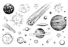 kosmisch Raum Kritzeleien Satz. Gliederung Zeichnungen von Planeten, Sterne, Kometen, Asteroiden, Galaxien. Astronomie Wissenschaft Skizzen. Hand gezeichnet Vektor Illustration isoliert auf Weiß.