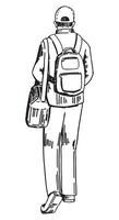 Reisender skizzieren, Tourist Clip Art. Gekritzel von Mann Gehen mit ein Tasche, Rucksack. Hand gezeichnet Vektor Illustration im Gravur Stil.