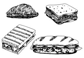 uppsättning av smörgåsar, croissant med gott fyllning. samling av snabb mat skisser. hand dragen vektor illustration i retro stil. översikt cliparts isolerat på vit bakgrund.